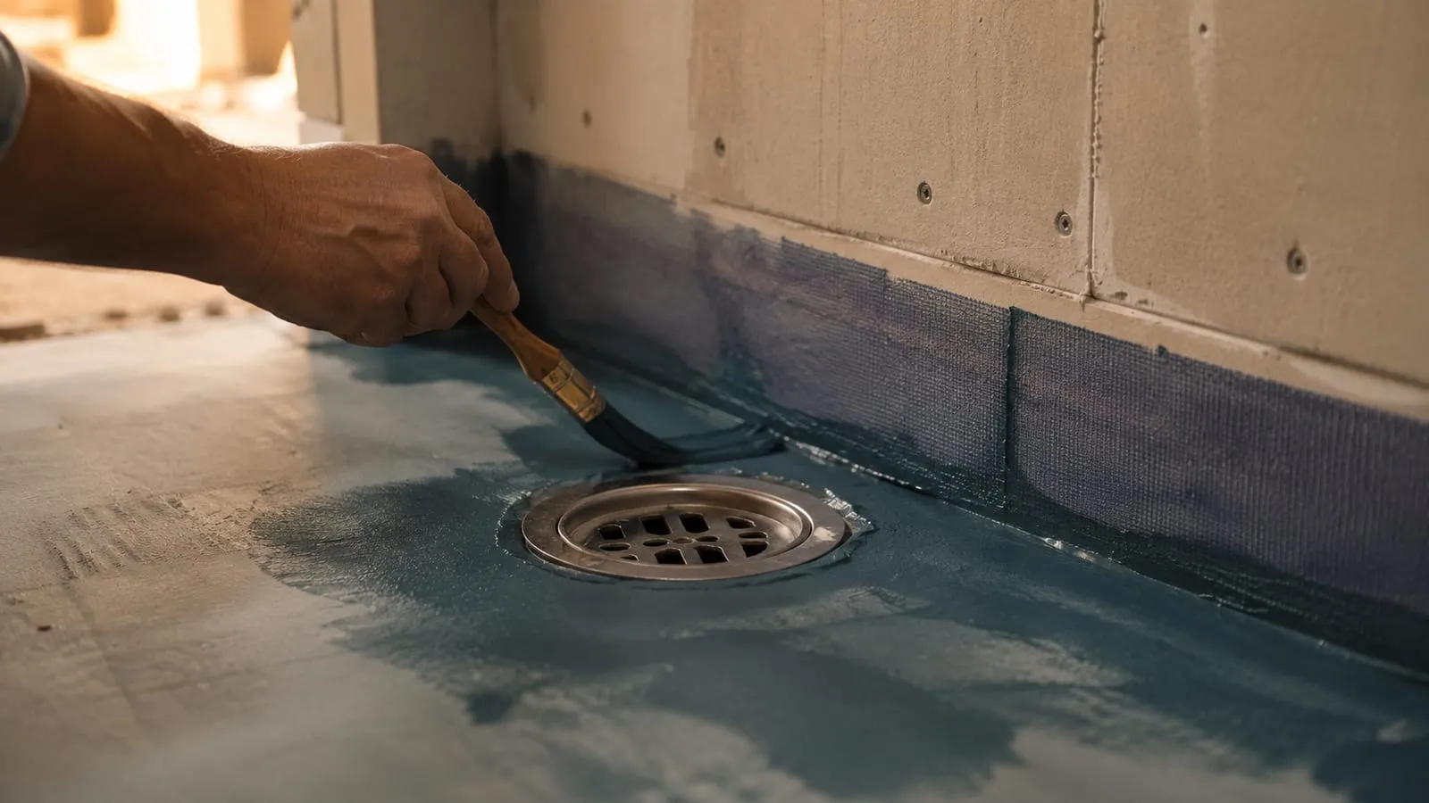 Installer leveling the new shower base and preparing the drain