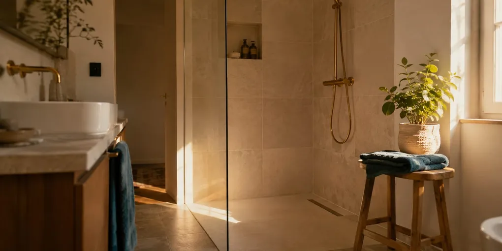 Salle de bain moderne avec receveur de plain-pied et paroi en verre