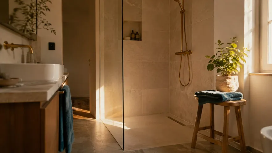 Modernes Bad mit bodengleicher Dusche und Glastrennwand