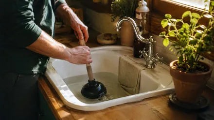 Person unclogging a sink drain