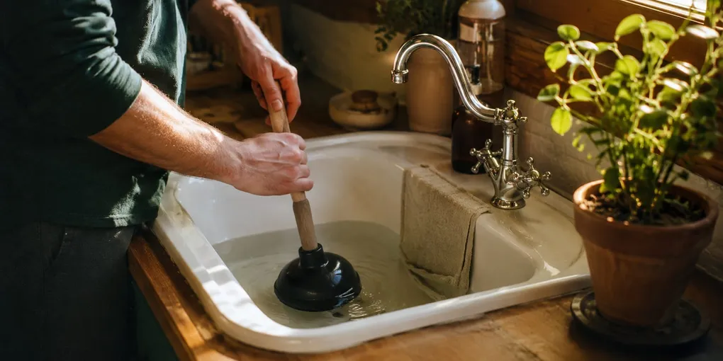 Person unclogging a sink drain