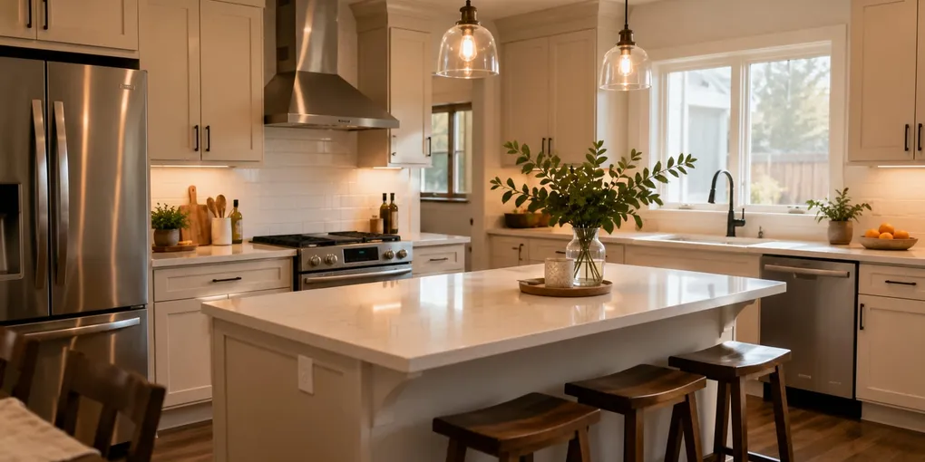 Modern remodeled kitchen with new cabinets and an island