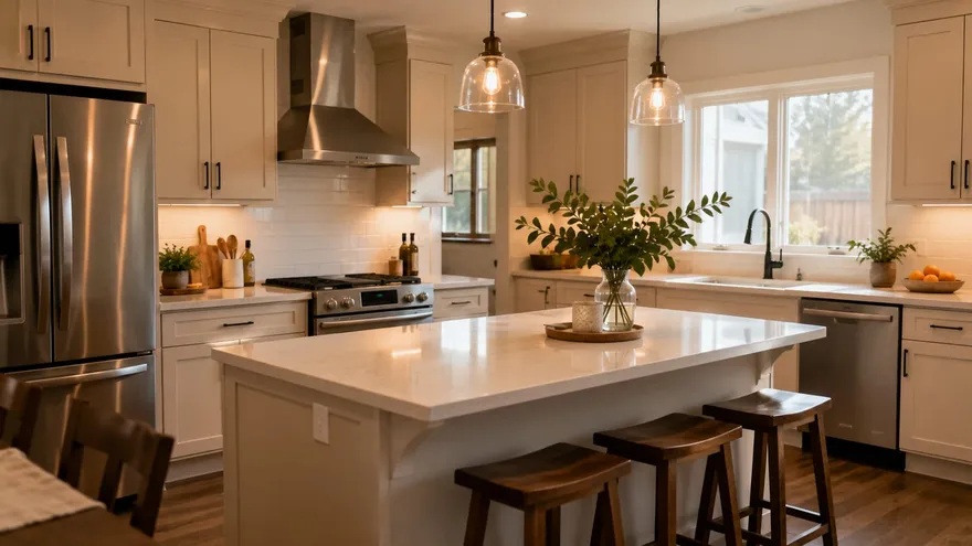Modern remodeled kitchen with new cabinets and an island