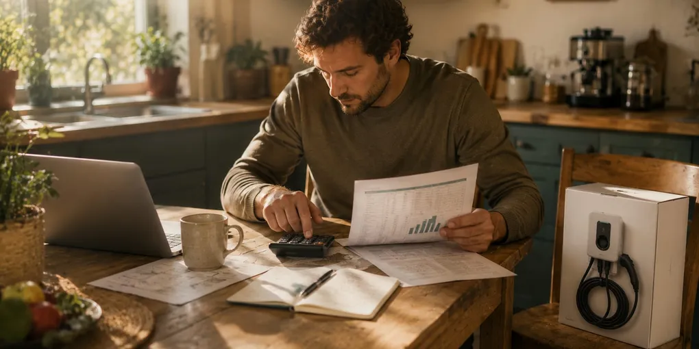 Person at a kitchen table comparing figures on a laptop and calculator beside an unopened charger box