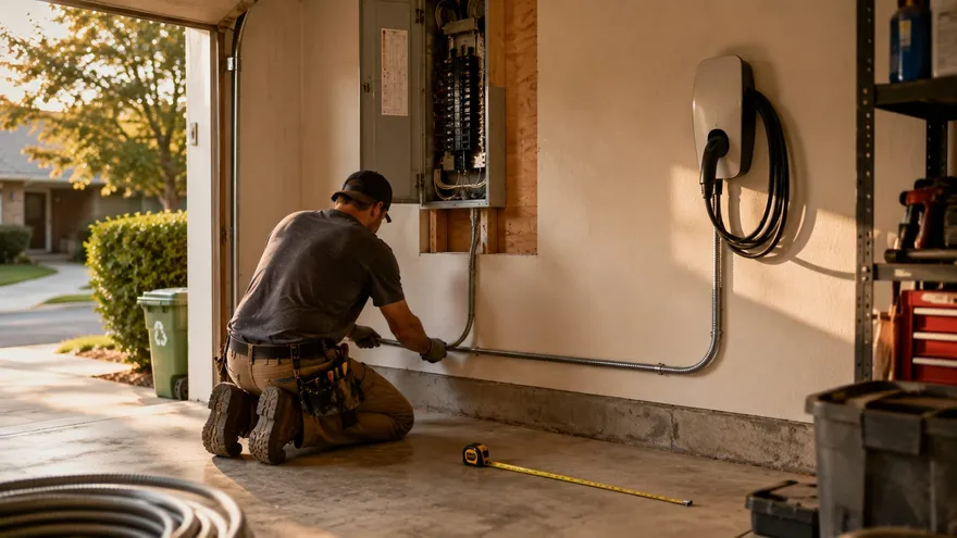 Electrician running conduit from an open panel to a wall-mounted home charger in a garage