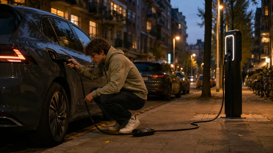 Young man plugging a portable cable into a car on a residential street at dusk by apartment blocks
