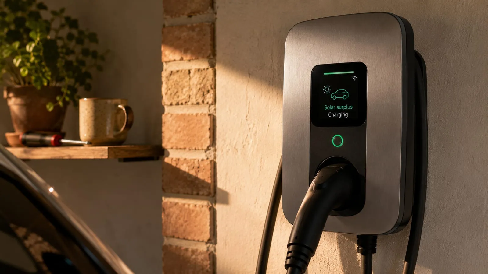 Smart charger screen on a garage wall set to solar surplus mode with the cable plugged in