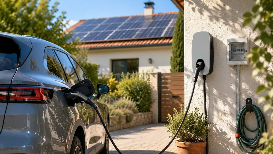 Electric car charging in a driveway under midday sun with rooftop solar panels overhead