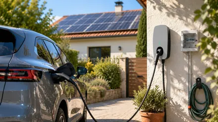 Electric car charging in a driveway under midday sun with rooftop solar panels overhead