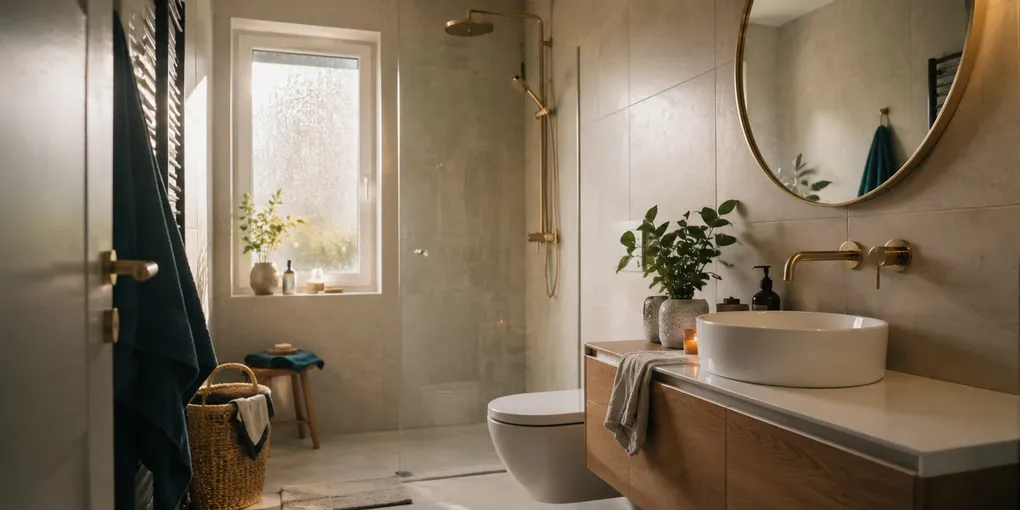 Baño reformado moderno con ducha y mampara de cristal