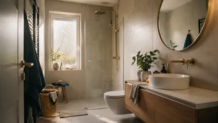 Salle de bain rénovée moderne avec douche et paroi en verre