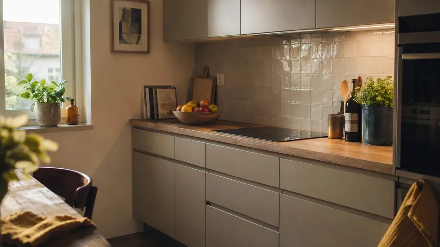 Cuisine rénovée moderne avec meubles et plan de travail neufs