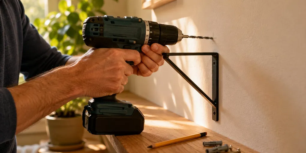 Person drilling into a wall to hang a shelf